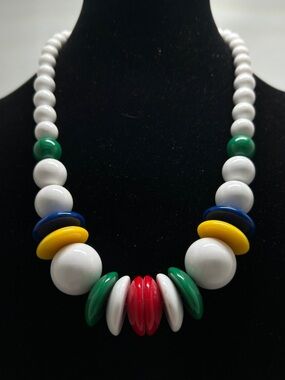 Vintage Lucite Graduated Beaded Necklace, White, Red, Yellow, Green, Blue